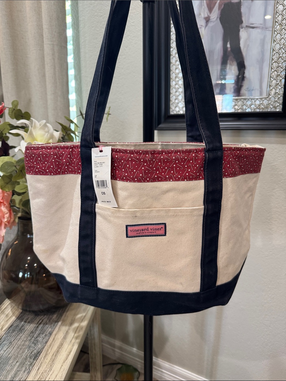 Vineyard Vines Cream Canvas Tote with Red Trim candy cane and Navy Accents